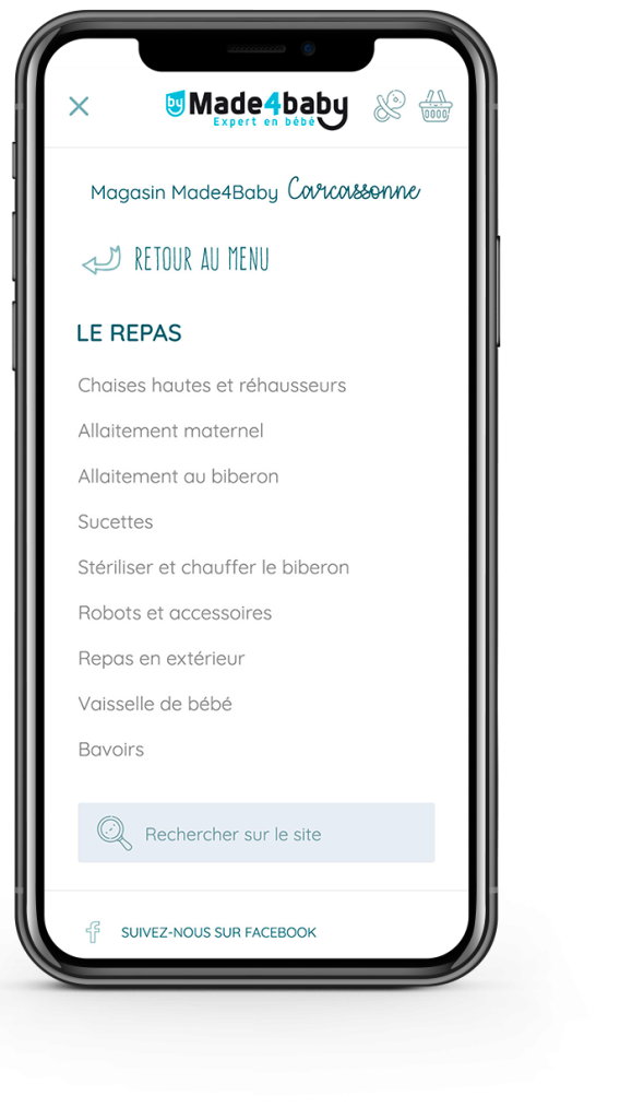 Diverses étapes du menu principal, slide toggle, d'un site specialisé pour les bébés, nourrissons et futures mamans