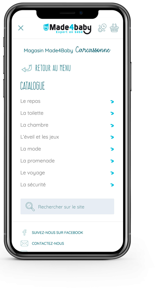 Présentation du menu responsive mobile d'un site de vente d'articles pour les bambins
