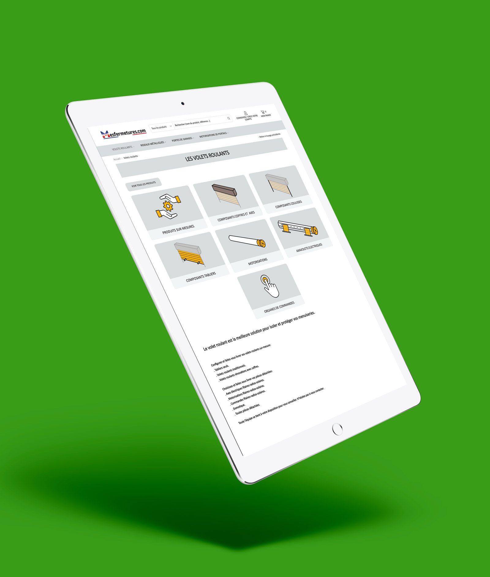 Page web de la rubrique des volets roulants